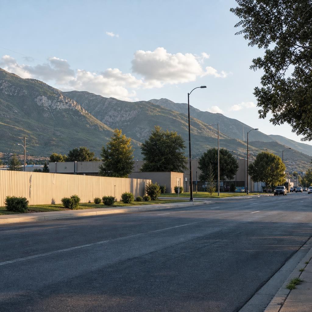 American Fork, Utah roadside with modest buildings, paved street, and distant mountain terrain.