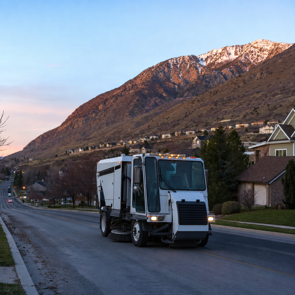 Unbranded street sweeper on a sloped Bountiful road with Wasatch foothills behind.