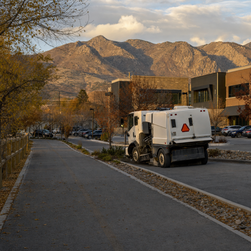 Unbranded sweeper in a Cottonwood Heights commercial lot with canyon terrain beyond.