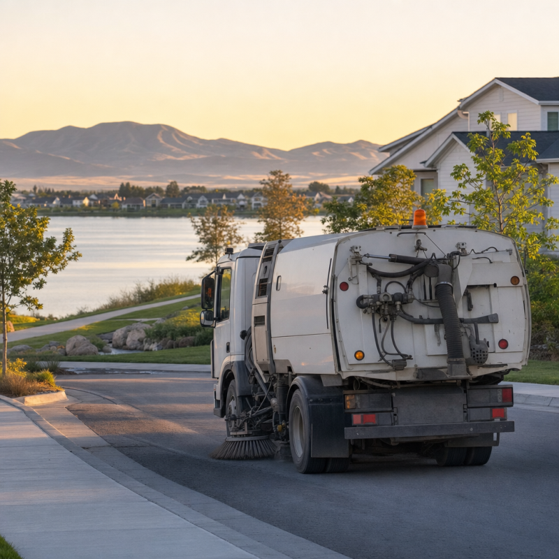 Unbranded street sweeper near Oquirrh Lake, parkland, trails, and lakeside homes in Daybreak.