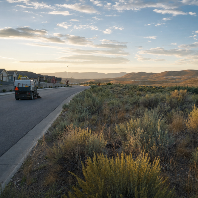 Unbranded sweeper beside sagebrush-covered open land and low hills in Eagle Mountain, Utah.