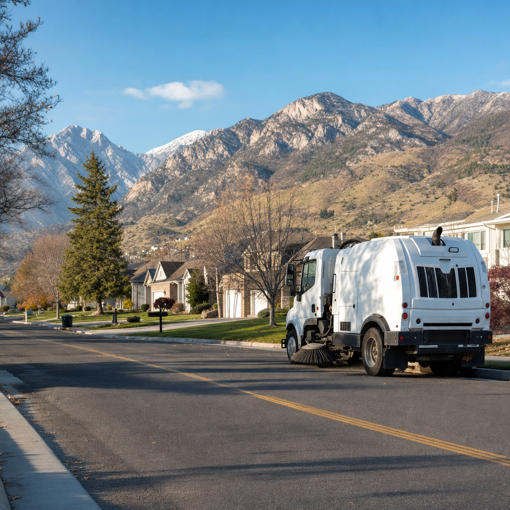 Unbranded sweeper on an East Millcreek residential street below the Wasatch foothills.