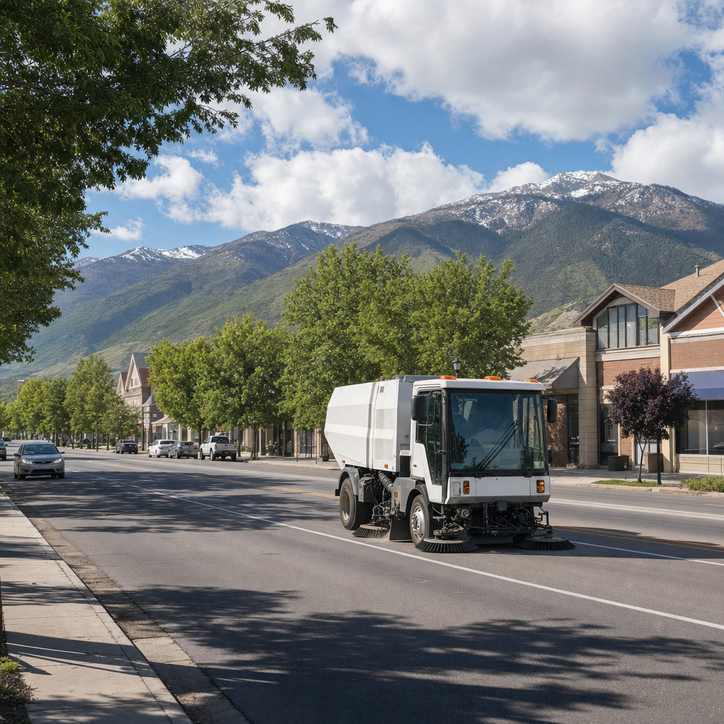 Unbranded sweeper on a wide, tree-lined Farmington street with mountains behind.