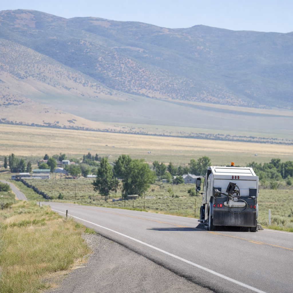 Unbranded sweeper beside U.S. 89 in Glendale’s sparse Long Valley setting.