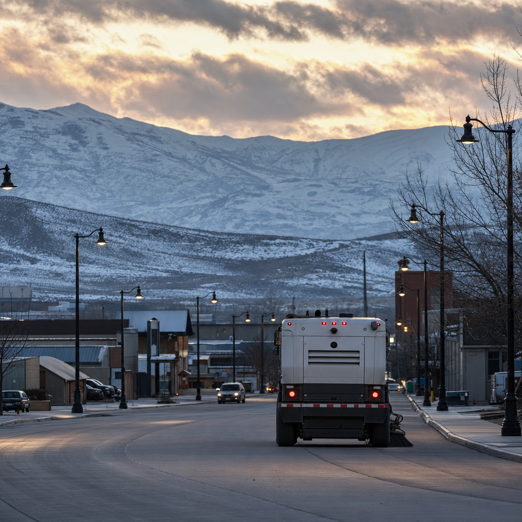 An unbranded street sweeper cleans a Heber City road in a mountain-framed valley.