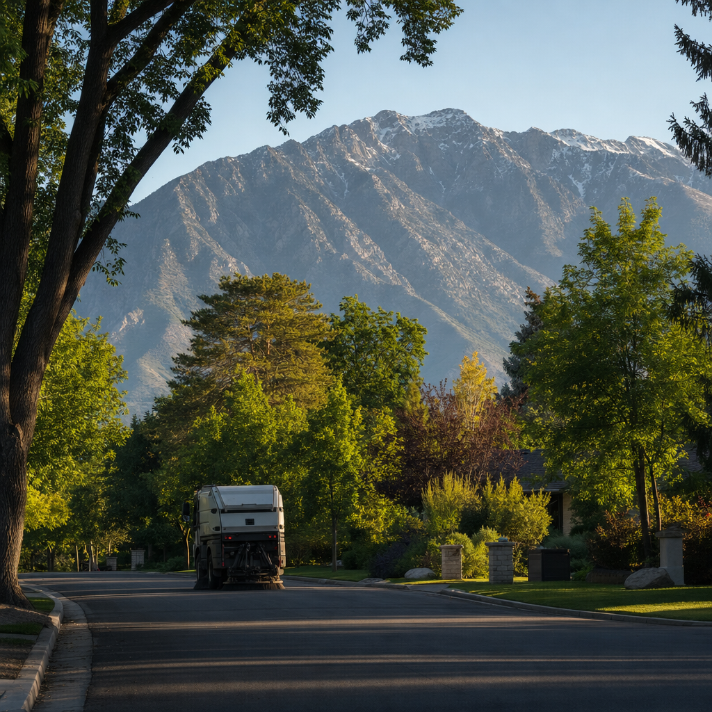 Tree-lined Holladay lane with an unmarked sweep vehicle and Mount Olympus behind.