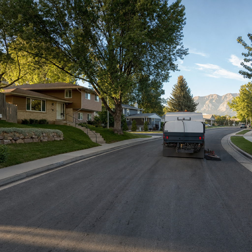 Unbranded sweeper passes low homes on a curving residential street in Kearns, Utah.
