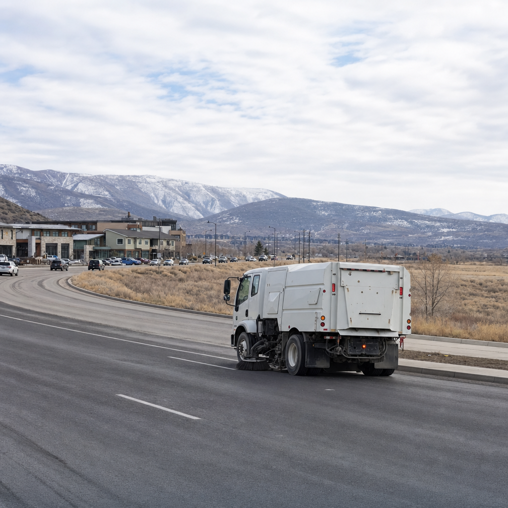Unbranded sweeping truck on a commercial road near I-80, with Wasatch slopes and open preserve land.