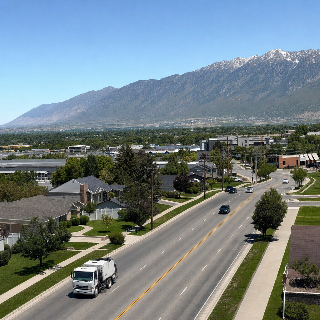 Unbranded street sweeper on a suburban Layton road with the Wasatch Mountains behind.
