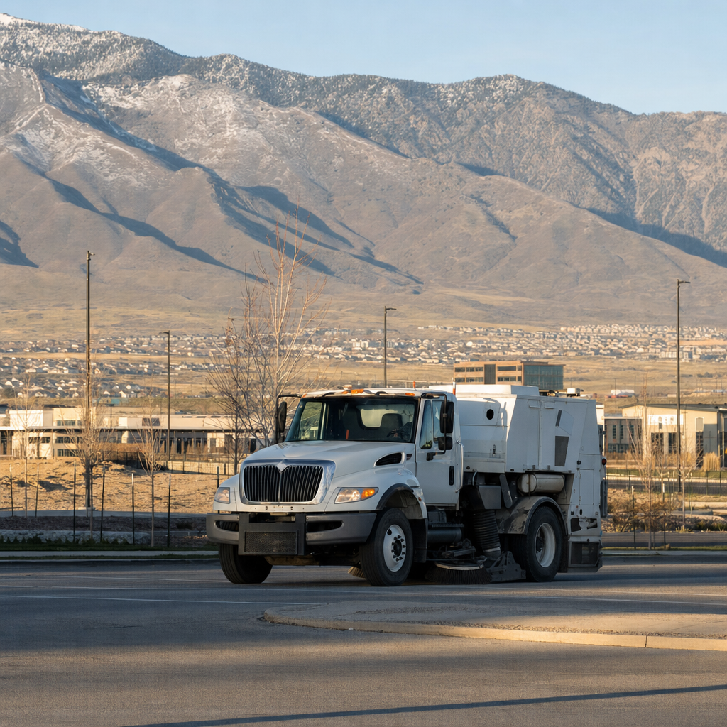 Unbranded sweeper on a Lehi roadway with contemporary development and Traverse Mountain behind.