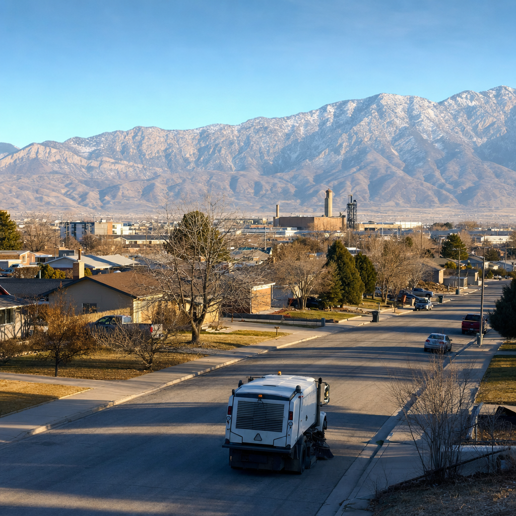 Unbranded sweeper on a low-rise Magna street with the Oquirrh Mountains in the distance.