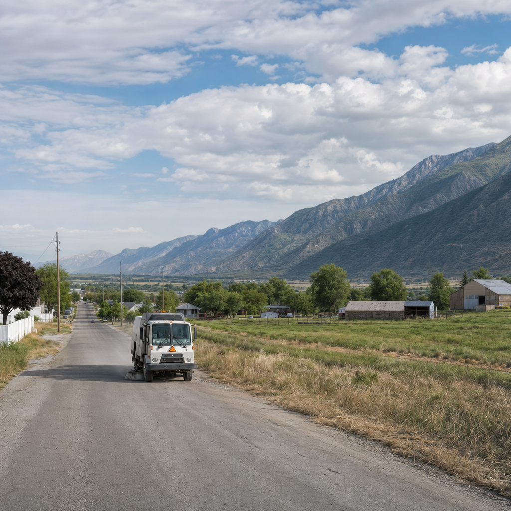 Unbranded street sweeper on an uncurbed road beside fields, with the Wasatch Mountains in the distance.