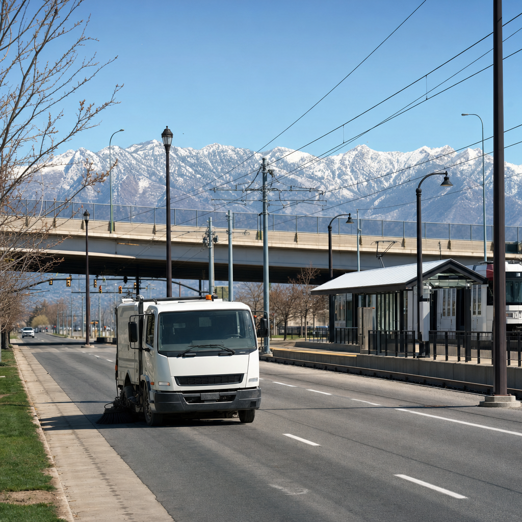 Unbranded street sweeper near light-rail tracks and an interstate overpass in Midvale, Utah.