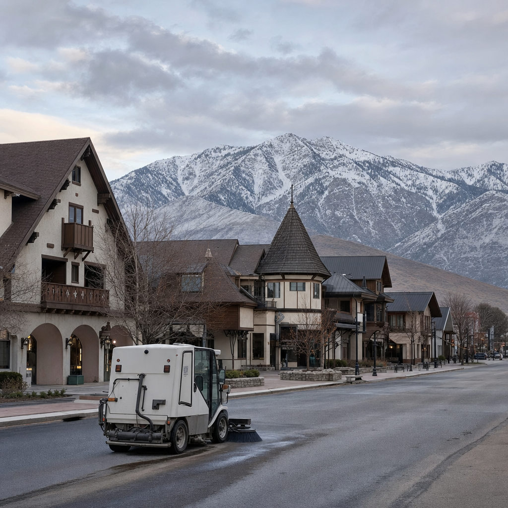 Unbranded sweeper on a Midway street with Swiss-style buildings and Wasatch Mountains.
