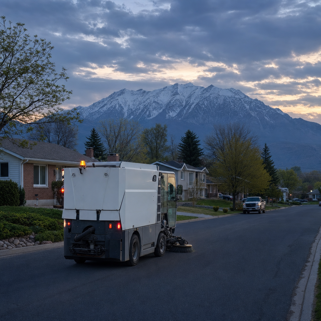 Unbranded street sweeper on a Millcreek residential road beneath Mount Olympus.
