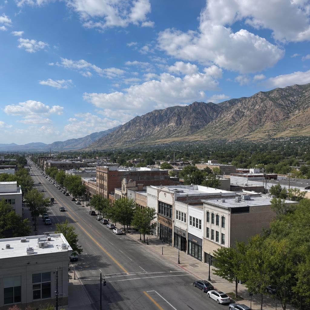 Generic Ogden street on a regular grid, with low-rise buildings and the Wasatch Mountains rising to the east.