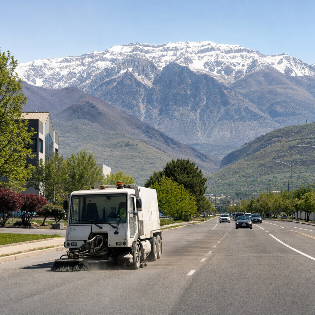 Unbranded street sweeper on an Orem roadway with Mount Timpanogos and foothills behind.