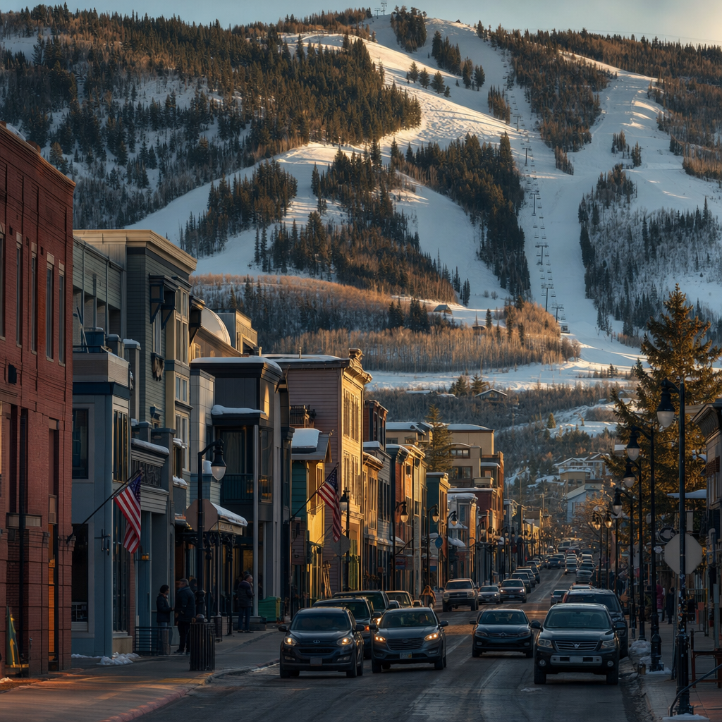 Logo-free Park City street below steep mountain ski terrain, with low-rise buildings and distant lift towers.