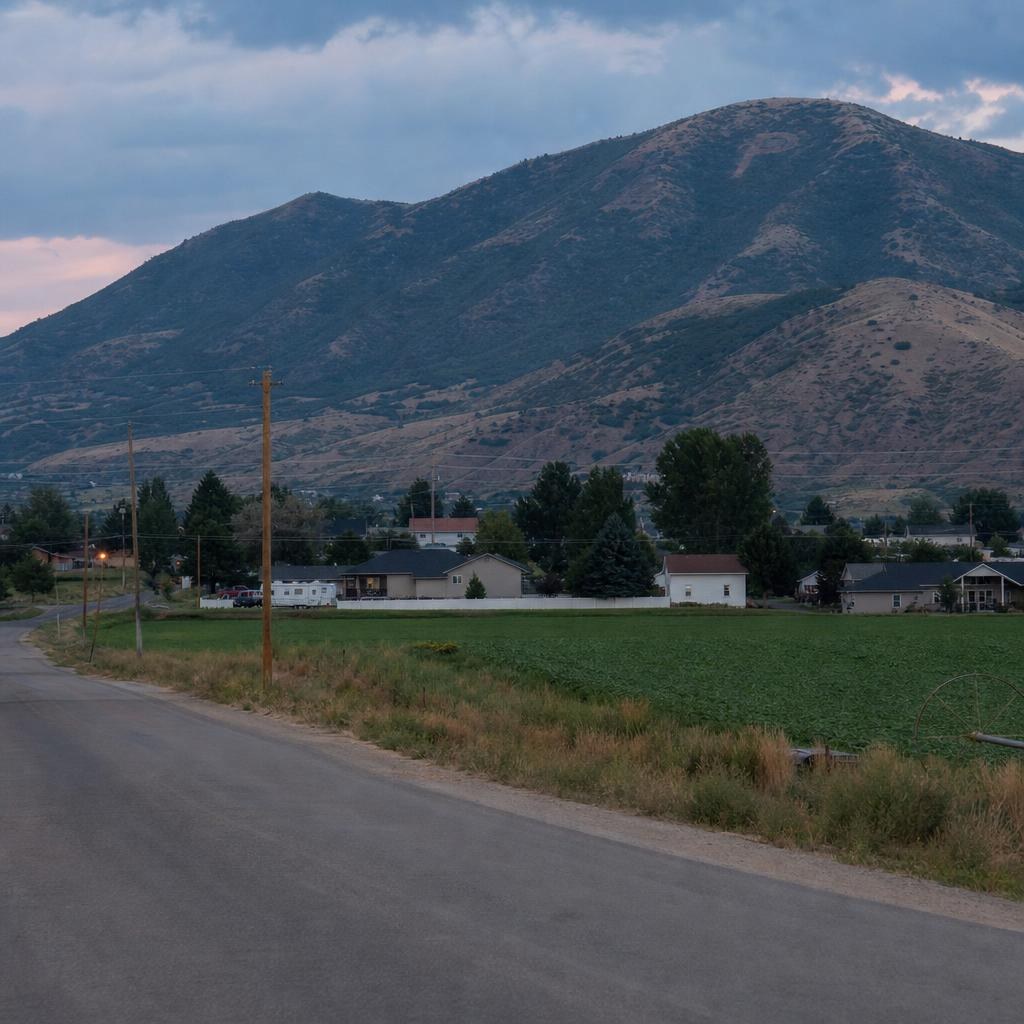 Ordinary Payson, Utah street beside agricultural land, with P Mountain rising in the background.