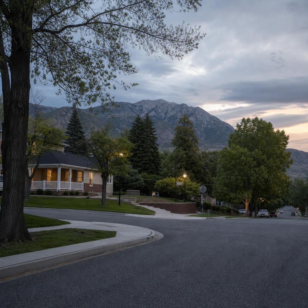 Tree-lined Pleasant Grove street on a gently sloping foothill plain with distant Utah mountains