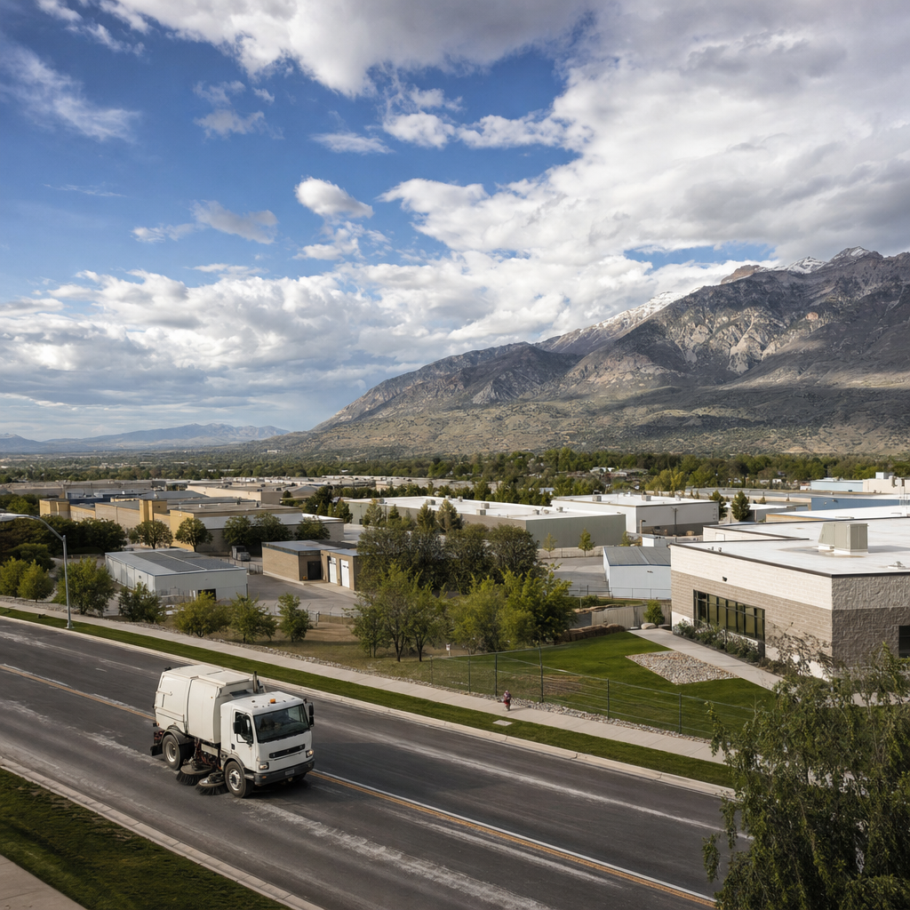 Unbranded sweeping truck on a Provo industrial street with the Wasatch Mountains behind.