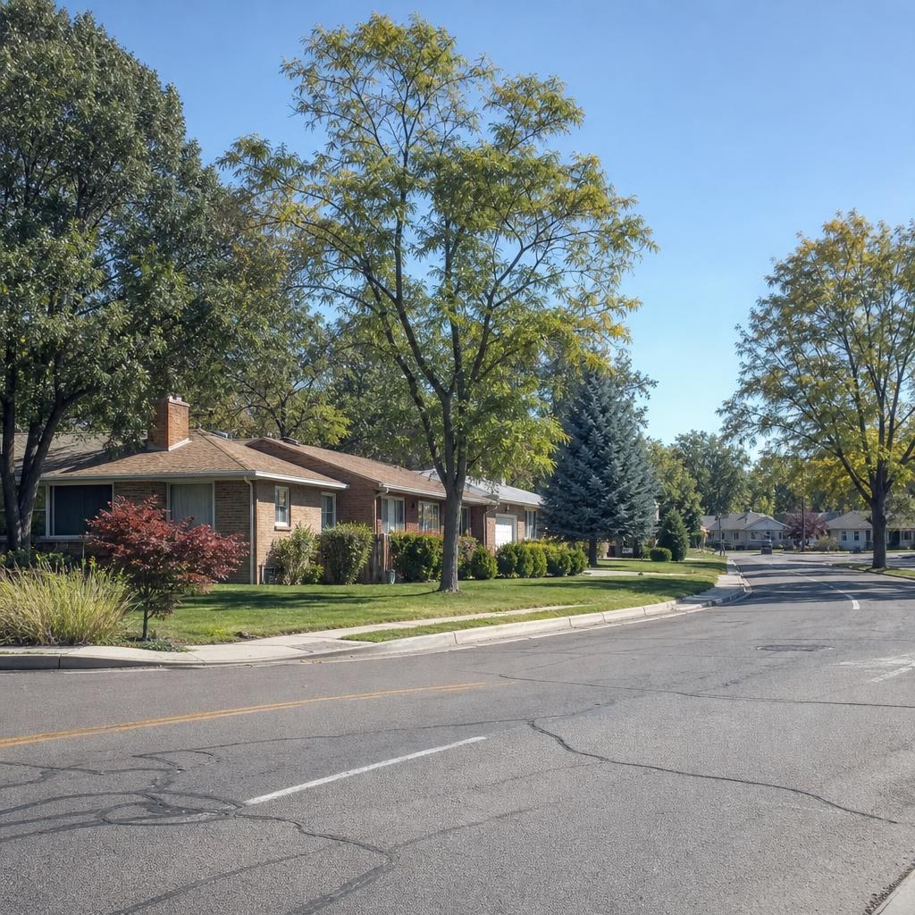 Curving Rose Park residential street with one-story brick homes, large lots, trees, sidewalks, and no readable text.