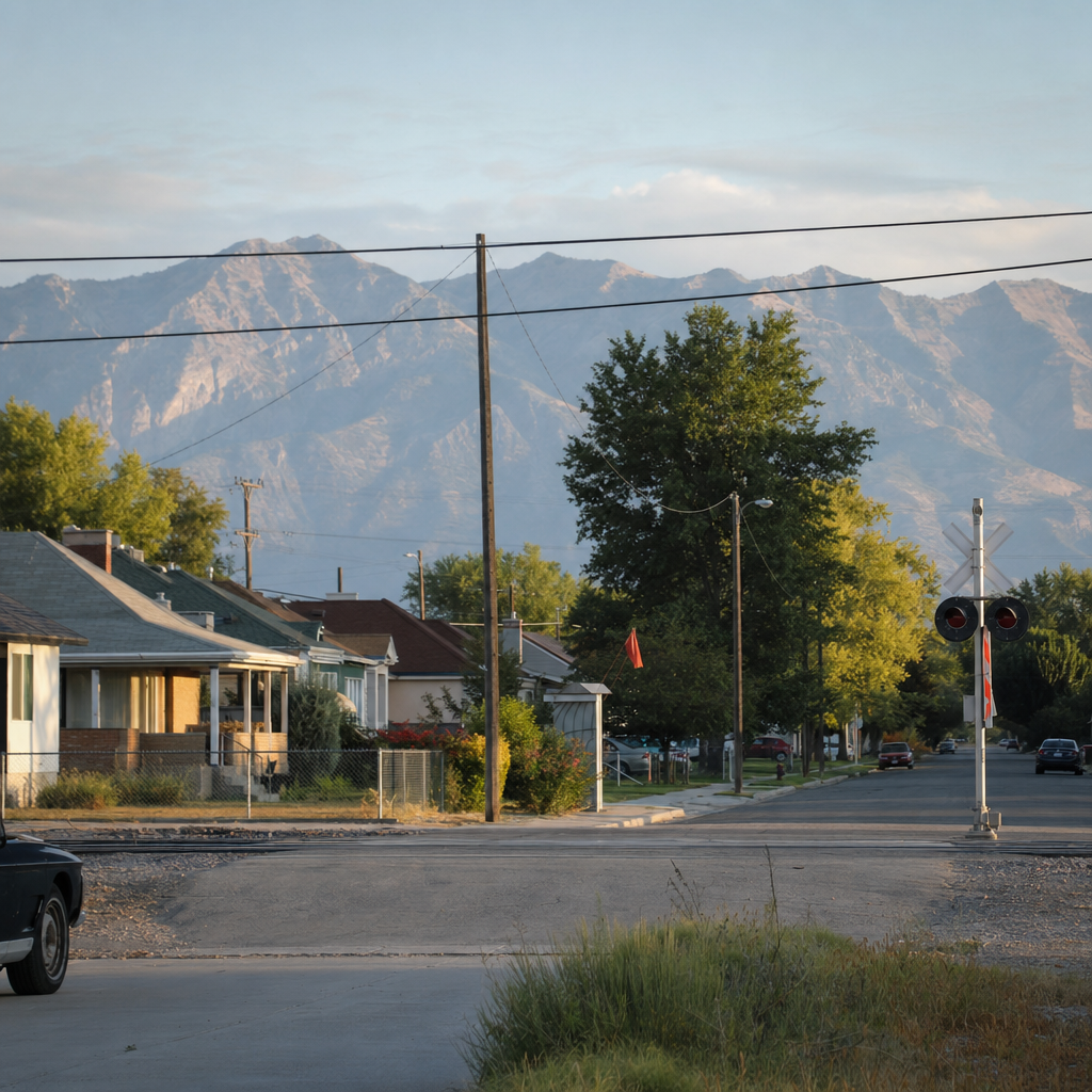 Dry Roy suburban street near rail tracks, with modest homes and distant Wasatch mountains.