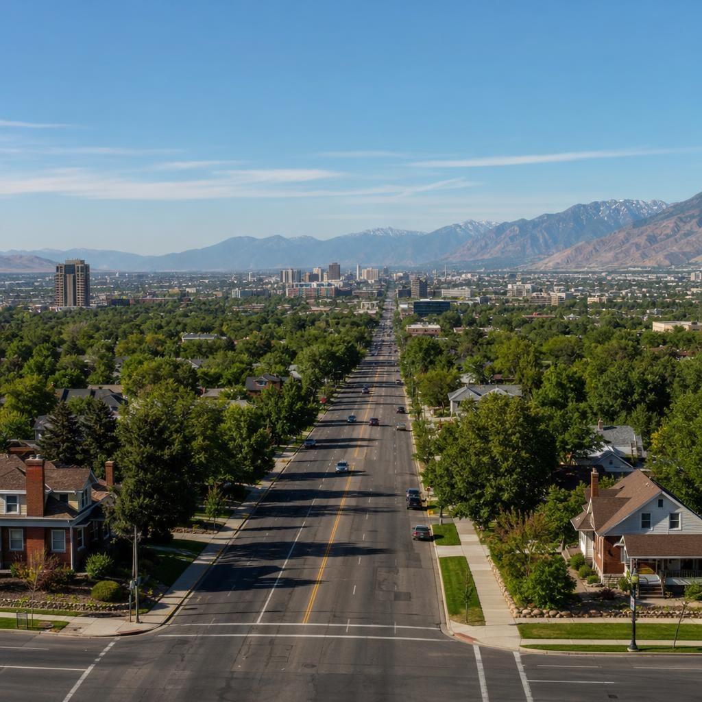 Wide gridded Salt Lake City street with low-rise homes and distant Wasatch Mountains.
