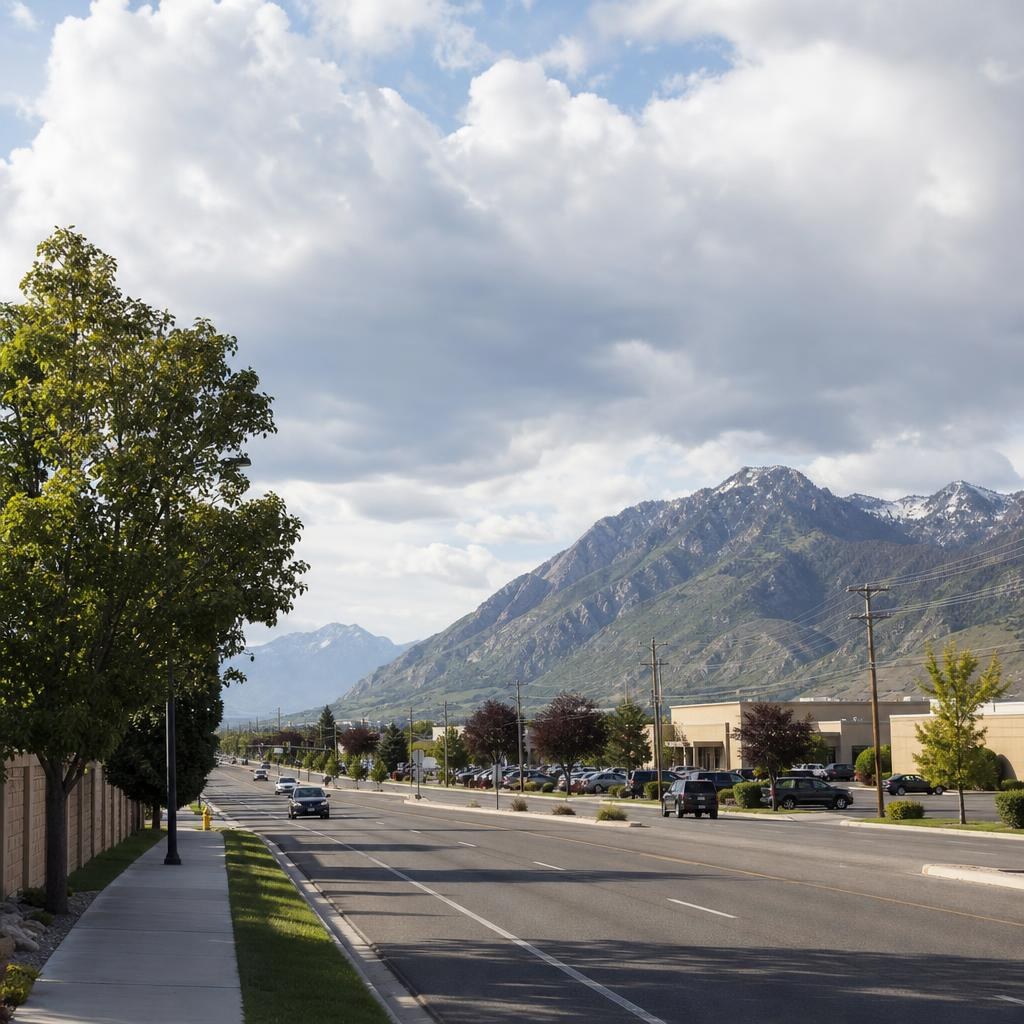 Ordinary Sandy, Utah street with low-rise development and the Wasatch Mountains to the east.