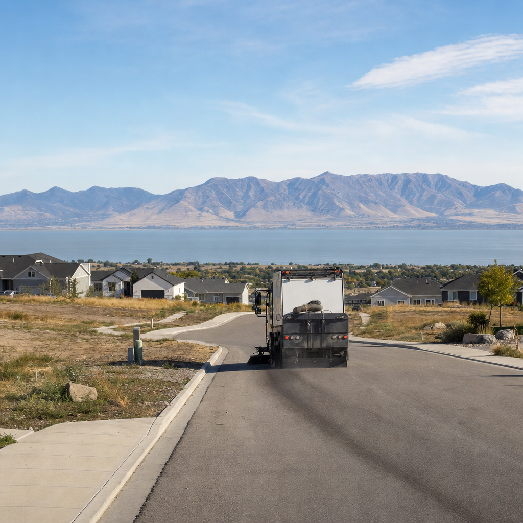 Suburban Saratoga Springs street near open land, Utah Lake and distant mountains.