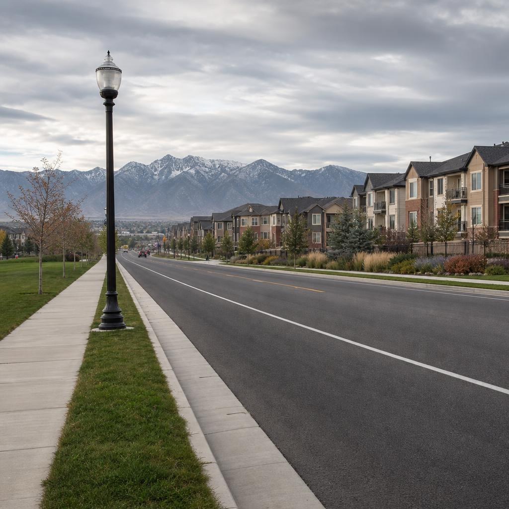 South Jordan suburban street with sidewalks, open space, and distant Wasatch and Oquirrh Mountains.