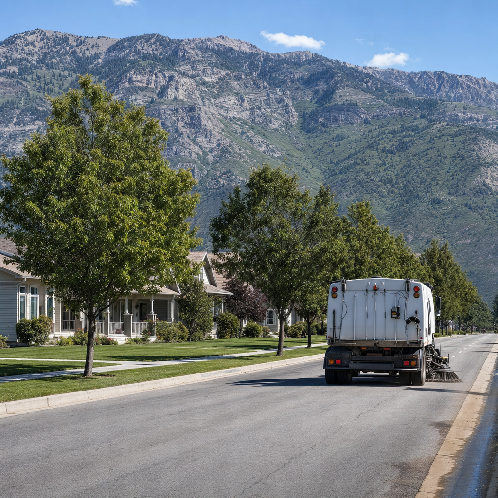 Unbranded sweeper on a tree-lined Springville street with detached homes and Wasatch peaks behind.