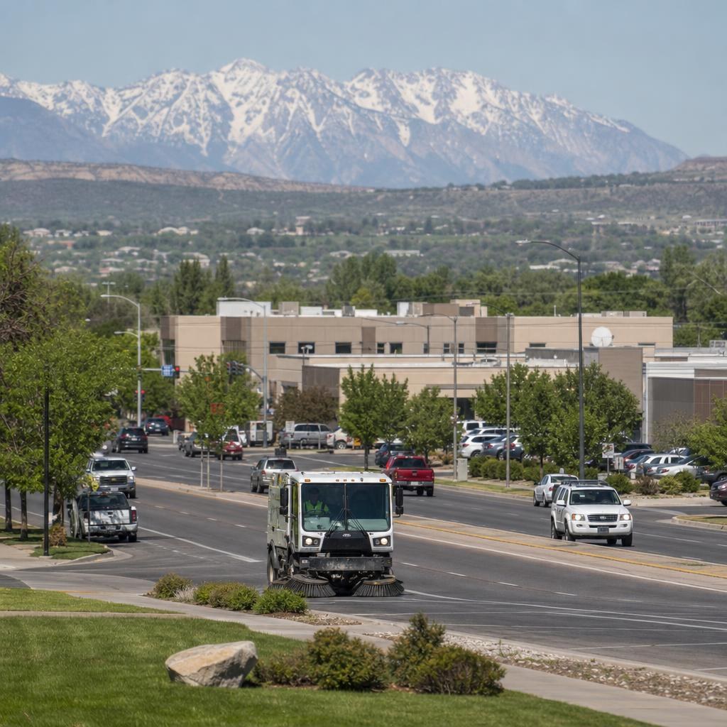 Unbranded street sweeper on an ordinary Taylorsville suburban street with distant Utah mountain ranges.
