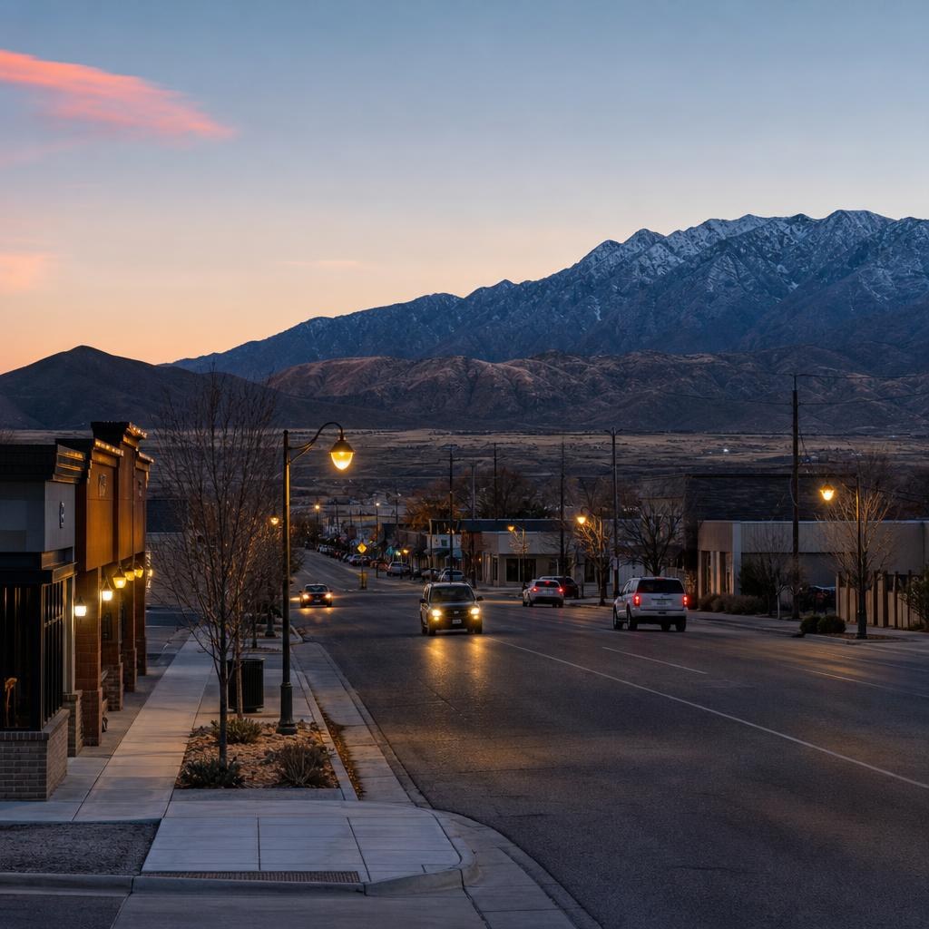 Ordinary Tooele streetscape with the Oquirrh Mountains rising beyond the city.