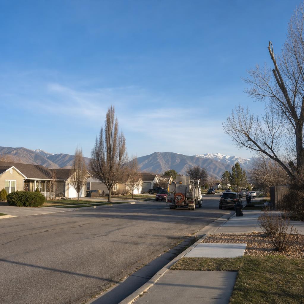 Ordinary low-rise suburban street in West Jordan, Utah, with a professional sweeping service vehicle.
