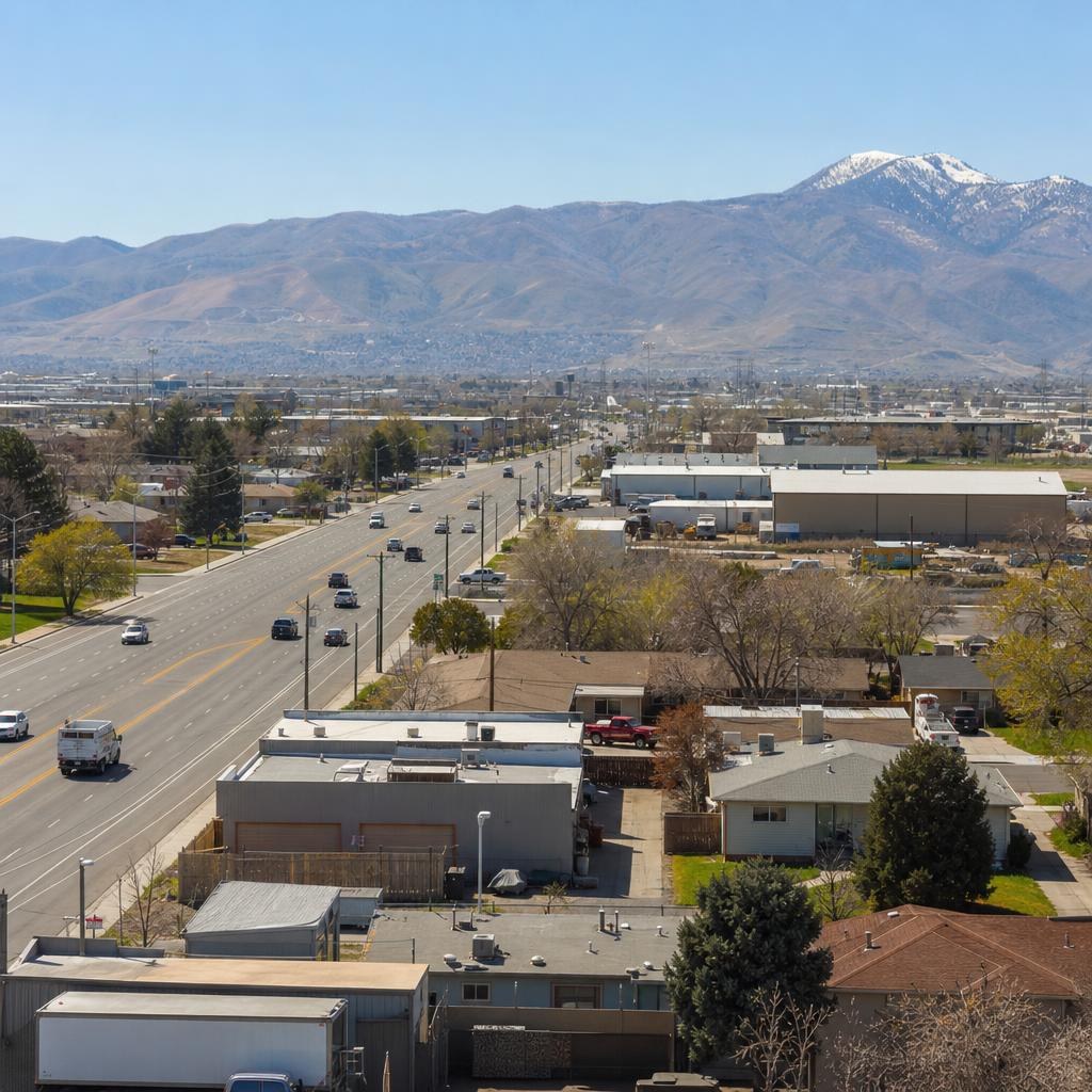 Ordinary West Valley City arterial beside low-rise service buildings and nearby residential streets.